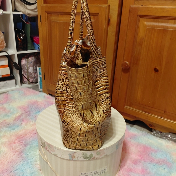 Gold Croc-Embossed Tote Bag with Decorative Bow BRAHMIN  Mallory Tote FIRM PRICE - Picture 10 of 15